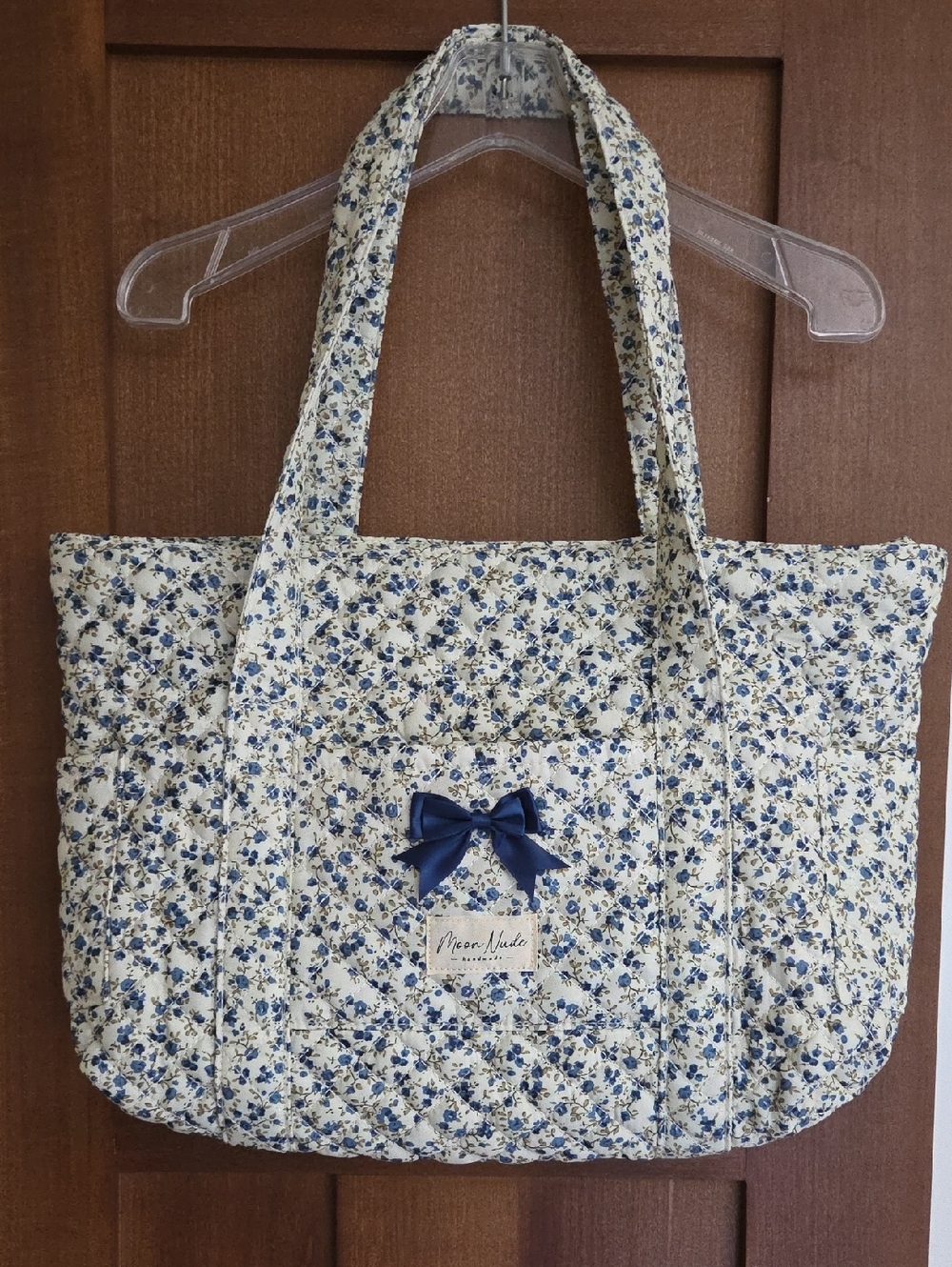 Quilted Floral Tote with Navy Bow in Blue & White